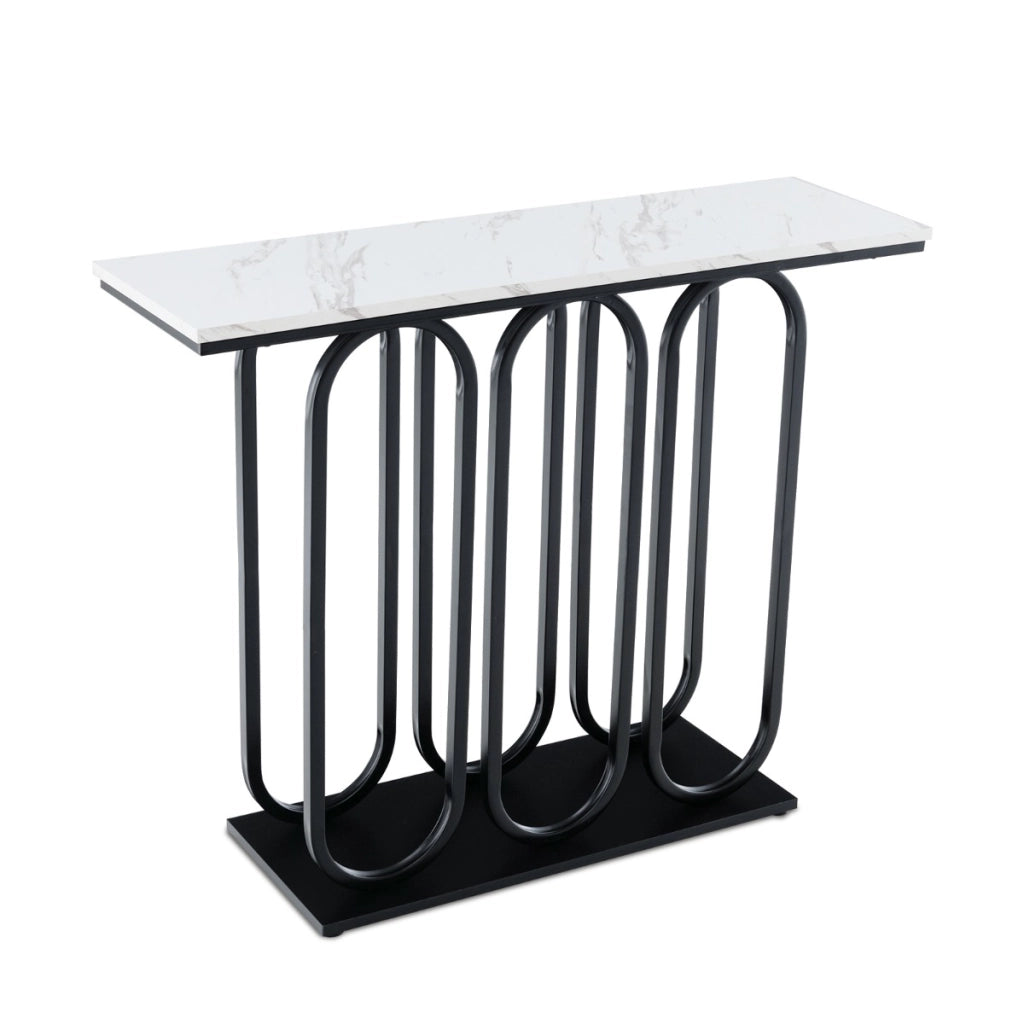 Tavolo consolle da 100cm con piano effetto marmo piedini regolabili struttura in metallo, Mobile ingresso Nero-Consolle