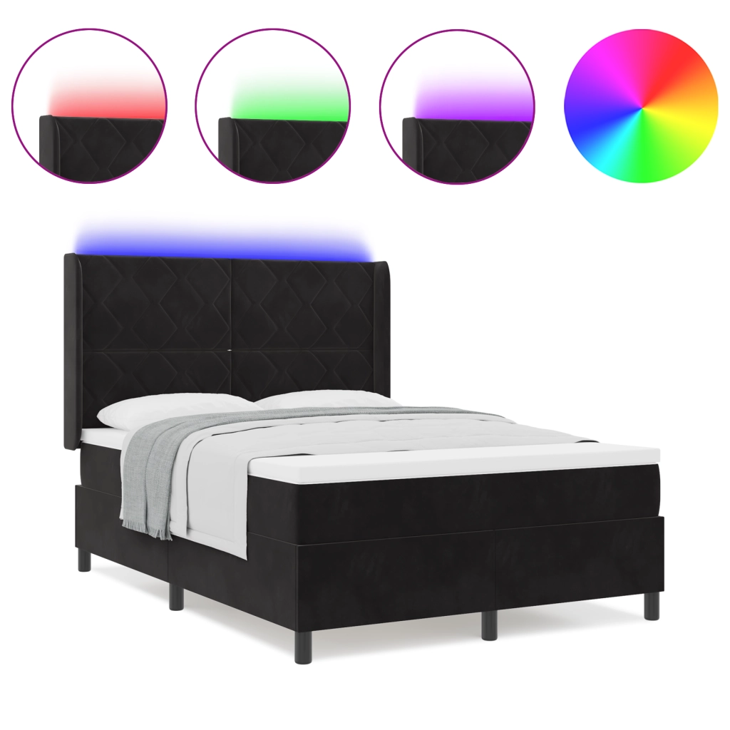 Box Spring letto con materasso e LED nero 140x200 cm velluto