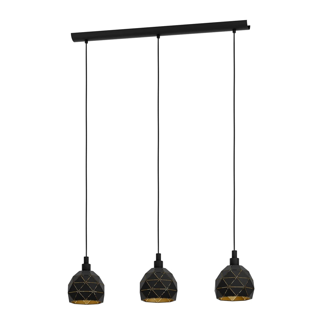 Lampadario A Sospensione Contemporaneo Roccaforte Acciaio Nero Oro 3 Luci E14