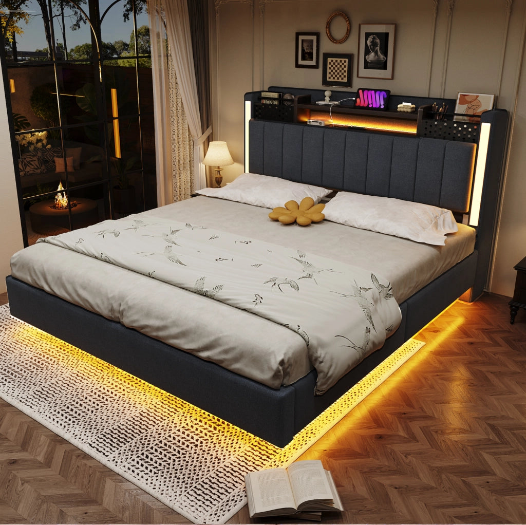 Letto imbottito 140x200 cm con LED; USB e vano contenitore nella testiera; lino grigio