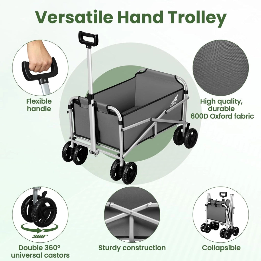 Carrello con Ruote, Carrello Pieghevole con 4 Ruote Doppie, per Spiaggia, Giardino, Campeggio, Viaggio, Oxford+Metallo, Grigio Scuro