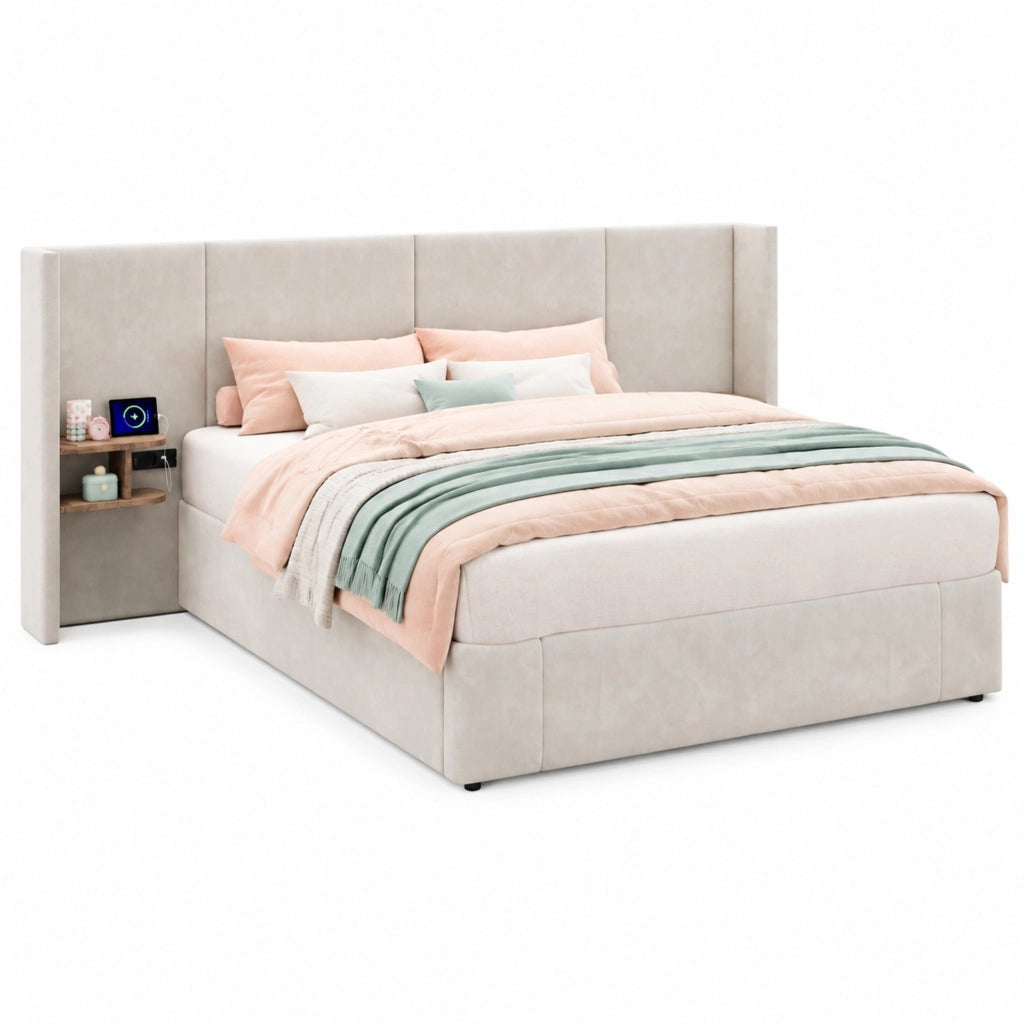 Letto imbottito 160x200 cm in velluto beige con contenitore idraulico, 2 comodini, USB e prese, rete a doghe
