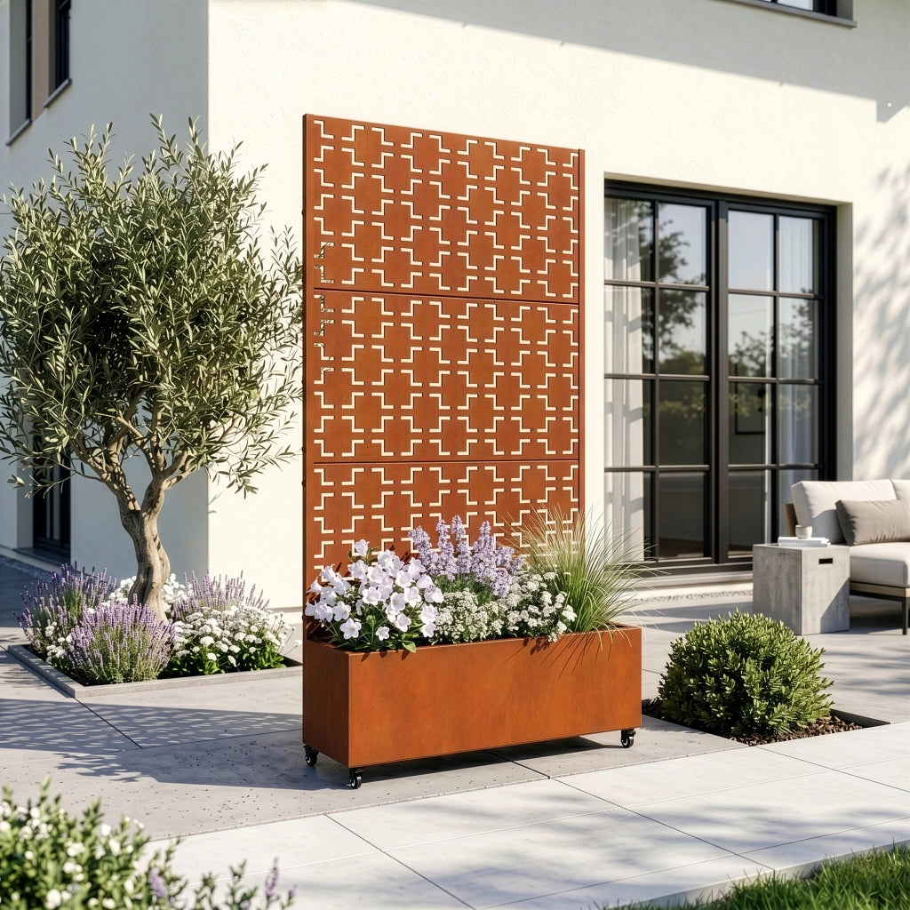 Fioriera con Spalliera Aaskis a Rotelle in Acciaio Corten 190 x 82 x 38 cm - Marrone Ossidato casa.pro