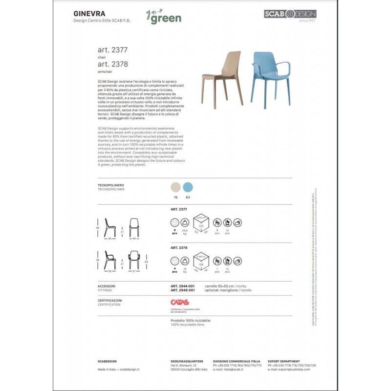 SET 4 SEDIE GINEVRA GO GREEN CON BRACCIOLI TECNOPOLIMERO RICICLATO SCAB DESIGN - Tortora 15