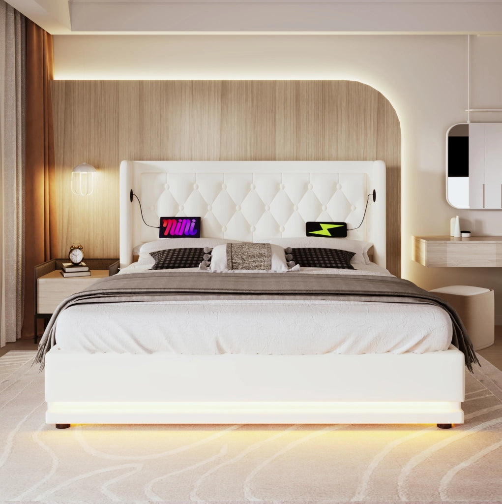 Letto matrimoniale contenitore 180x200 cm bianco con LED e USB-C