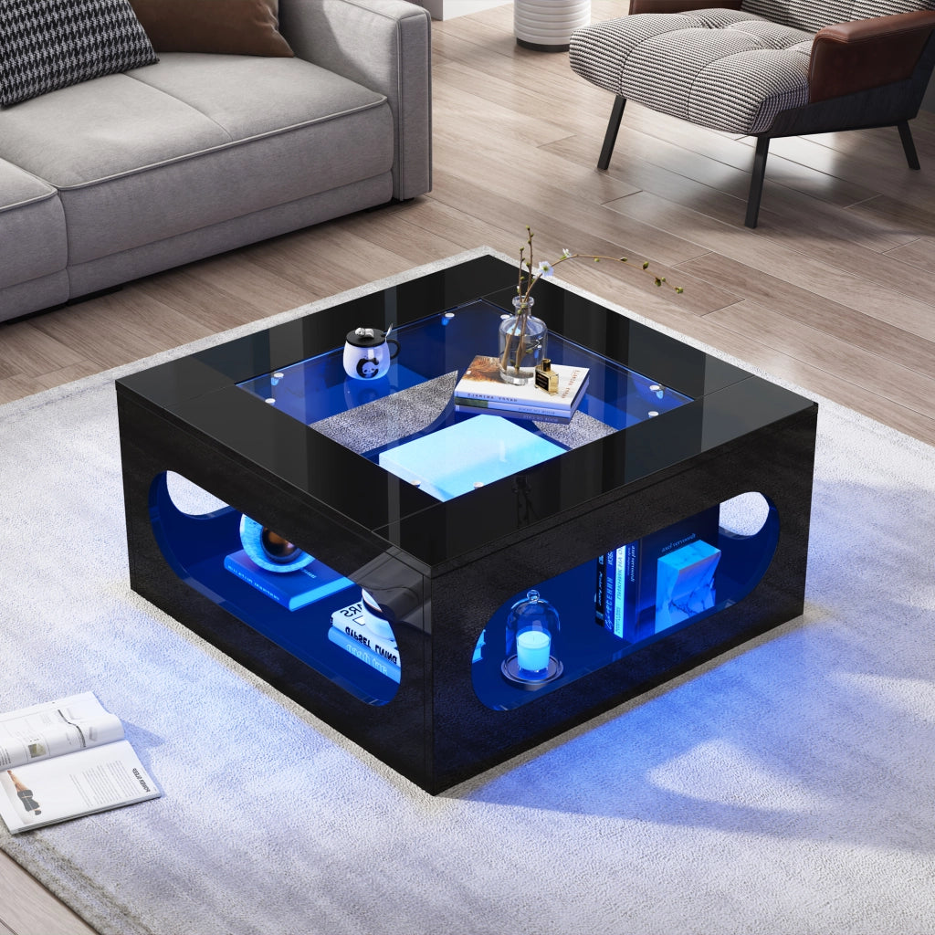 Tavolino da salotto 70x70x35 cm; design traforato con vetro temperato e LED; MDF nero