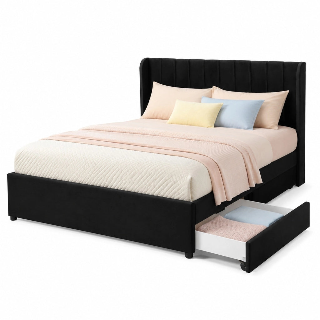 Letto in velluto nero da 160 x 200 cm con testiera; rete a doghe e 2 cassetti