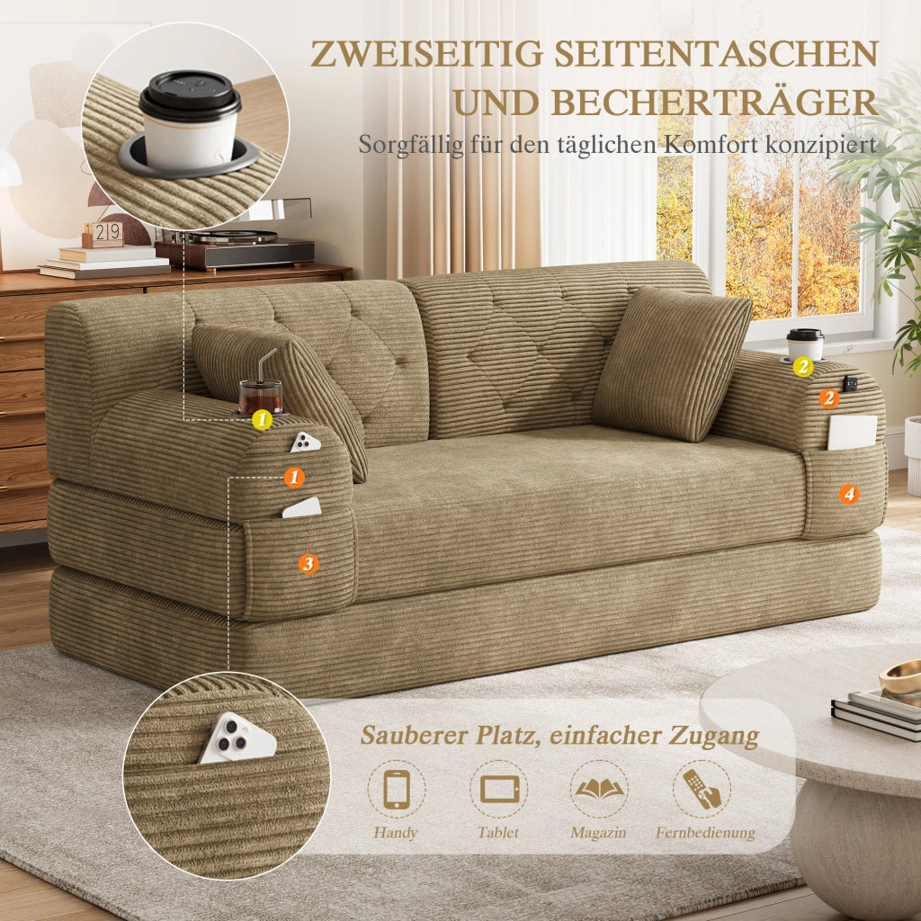 Divano letto 2 posti con schienale alto, tasche laterali e portabicchieri in velluto a coste khaki 168 × 80 × 81 cm