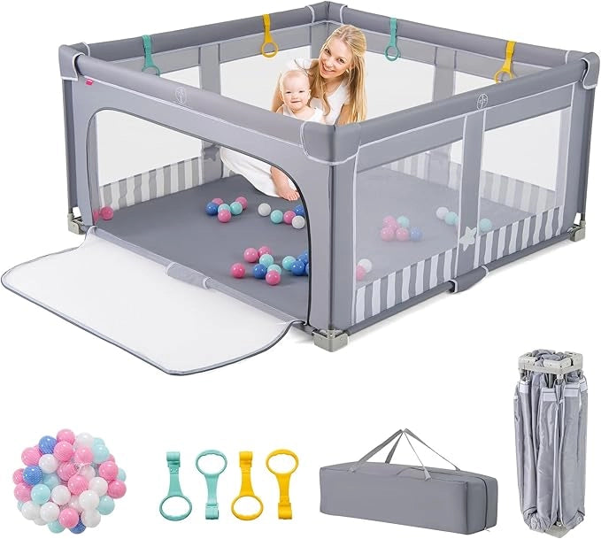 Box per Bambini 150 x 150 cm, Recinto per Bambini Pieghevole in Tessuto Oxford con Rete Traspirante, Box con Giochi che Include 50 Palline, 4 Pezzi Anelli e Borsa (Grigio, 150 x 150 cm)