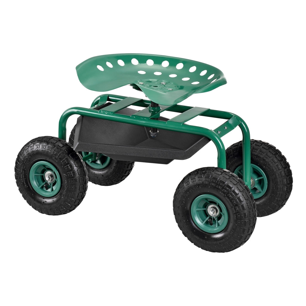 Sgabello su 4 Ruote per Giardinaggio con Seduta Regolabile in Altezza e Ripiano Portaattrezzi Scooter da Giardino - Verde / Nero [pro.tec]