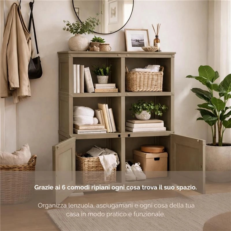 ARMADIO IN PLASTICA EFFETTO LEGNO CON 1 MODULO CHIUSO E 2 SCAFFALI APERTI – MOBILE CONTENITORE PER SALOTTO E BALCONE COPERTO