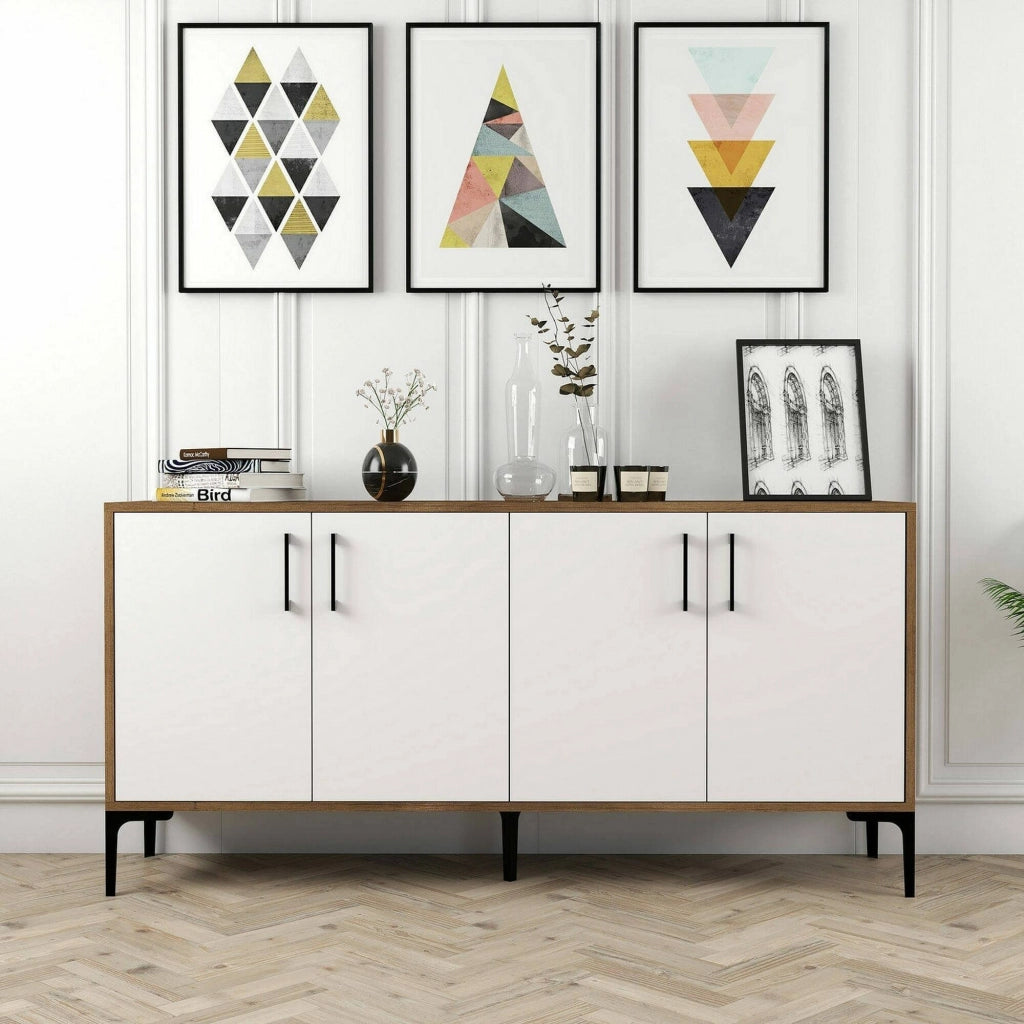 Credenza Soraya, Buffet da soggiorno, Madia da salotto, Dispensa da cucina, 160x35h78 cm, Noce e Bianco