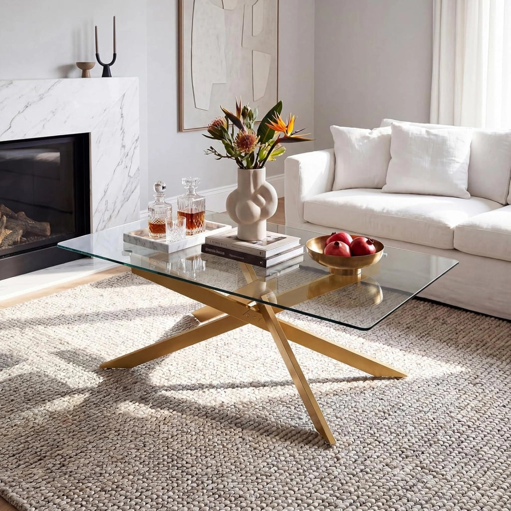 Tavolino da Salotto con Piano in Vetro Temperato, Gambe Incrociate e Piedini Regolabili, Tavolo Basso in Stile Industriale per Soggiorno, Camera da Letto, Ufficio, 120 X 60 X 45,5 CM (Dorato)
