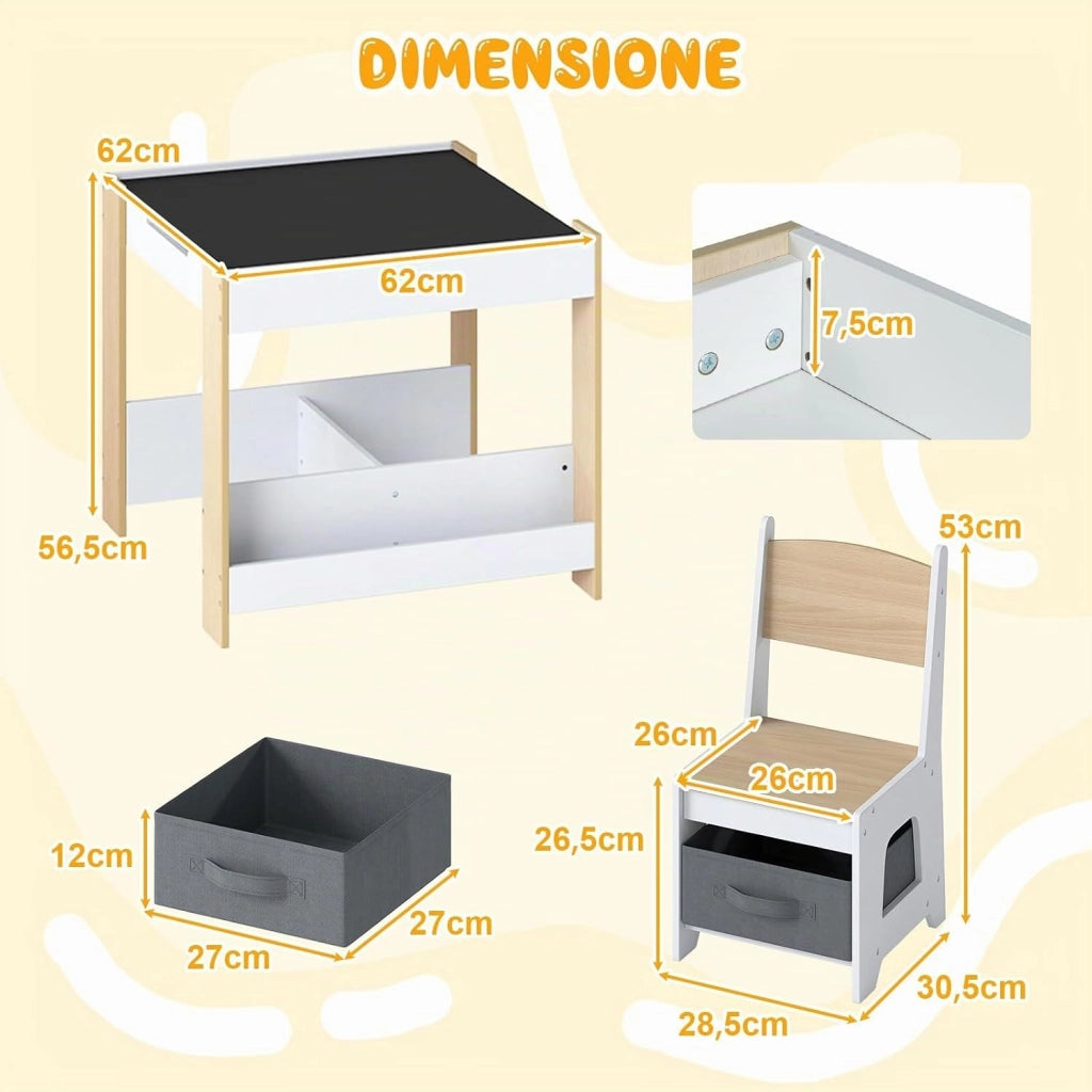 4 in 1 Set Tavolo e Sedie per Bambini 3+ Anni, Tavolo e Sedie con Piano Reversibile, Scaffali e Cassetti, Ideale per Disegno, Lettura e Studio (Naturale, Stile 3)