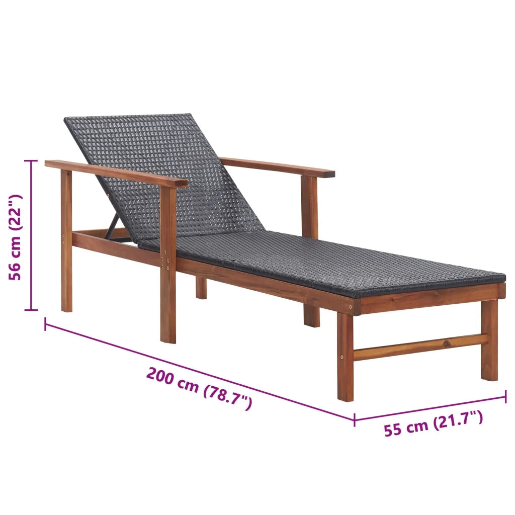 Lettino Prendisole Polyrattan e Legno Massello di Acacia Nero 48706