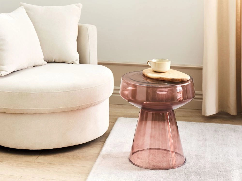 Tavolino moderno in vetro trasparente rosso di forma rotonda soggiorno salotto camera da letto