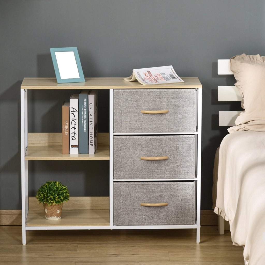 Cassettiera Tessuto con 3 Cassetti e 2 Ripiani Aperti ¨C Zephmum ¨C 80x29x71 cm Naturale Grigio
