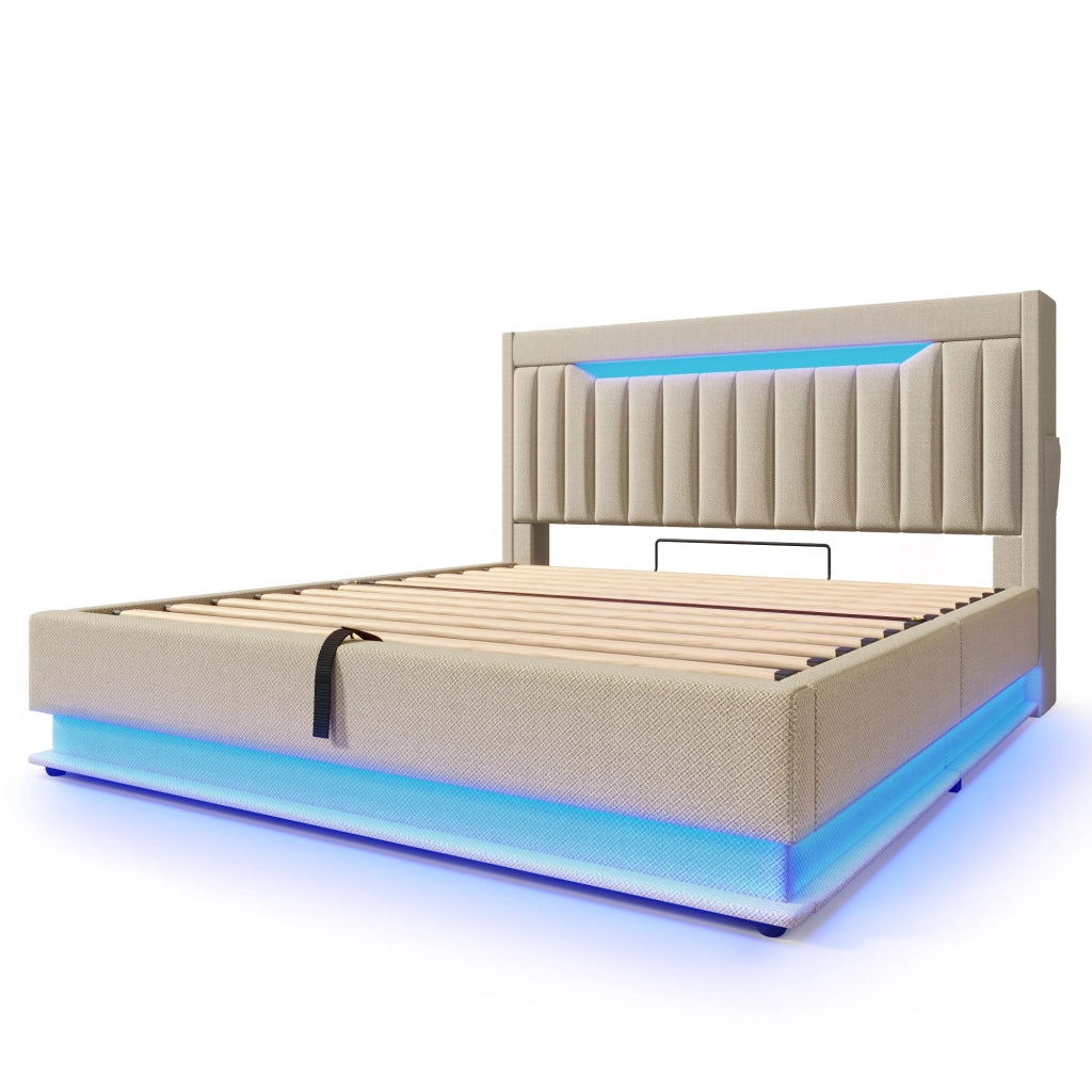 Letti contenitori 180x200 cm; testiera con LED e porte USB; lino beige (Senza materasso)