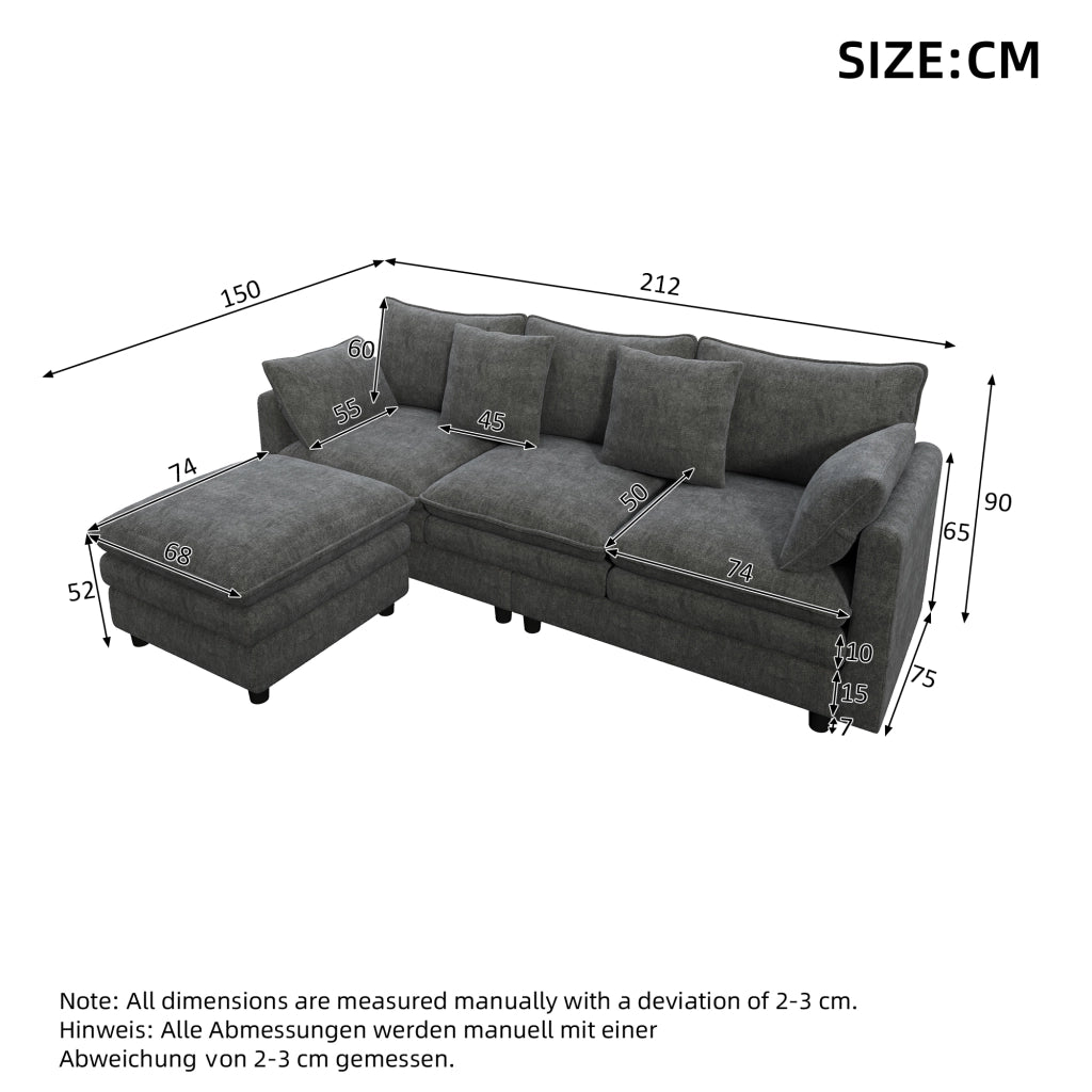 Divano angolare con chaise longue mobile 3 posti con 4 cuscini e 3 schienali in ciniglia grigia 212 × 150 × 90 cm