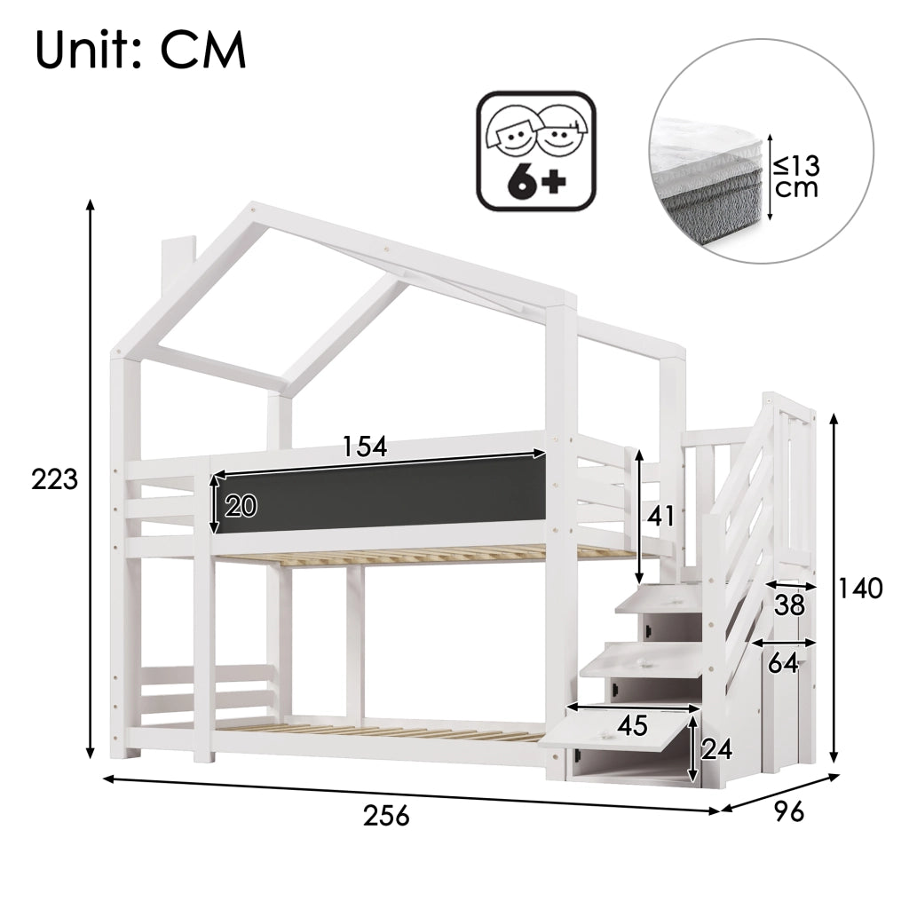 OKWISH Letto a Castello a Casetta 90×200 cm, Letto Singolo con Contenitore, Cassetti e Lavagna, con Barriera, senza Materasso, Bianco