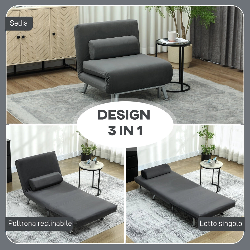 Poltrona Letto Singolo 3 in 1 75x70x75 cm in Tessuto Effetto Lino Grigio Scuro