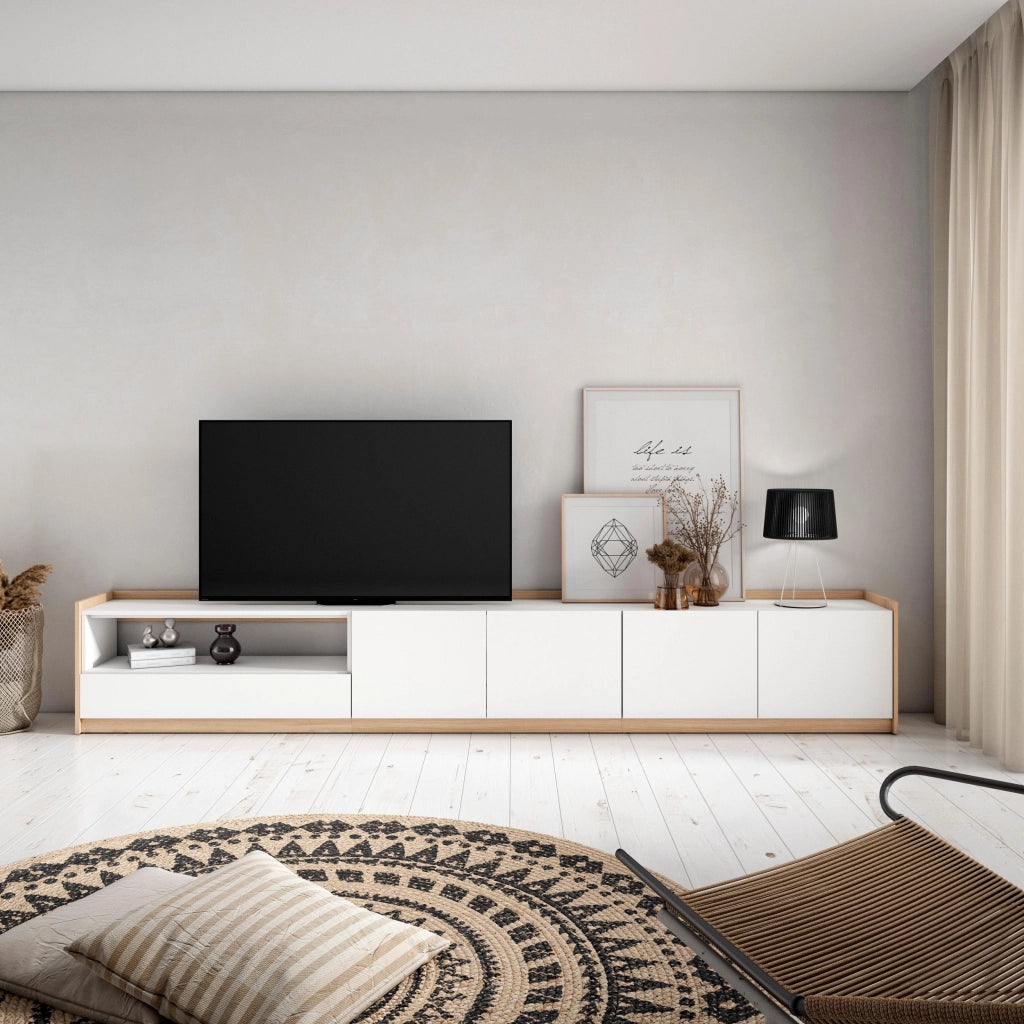Mobile TV Soggiorno, 310x50x37 cm, Per TV fino a 80", Mobile Soggiorno, Bianco e Rovere soft