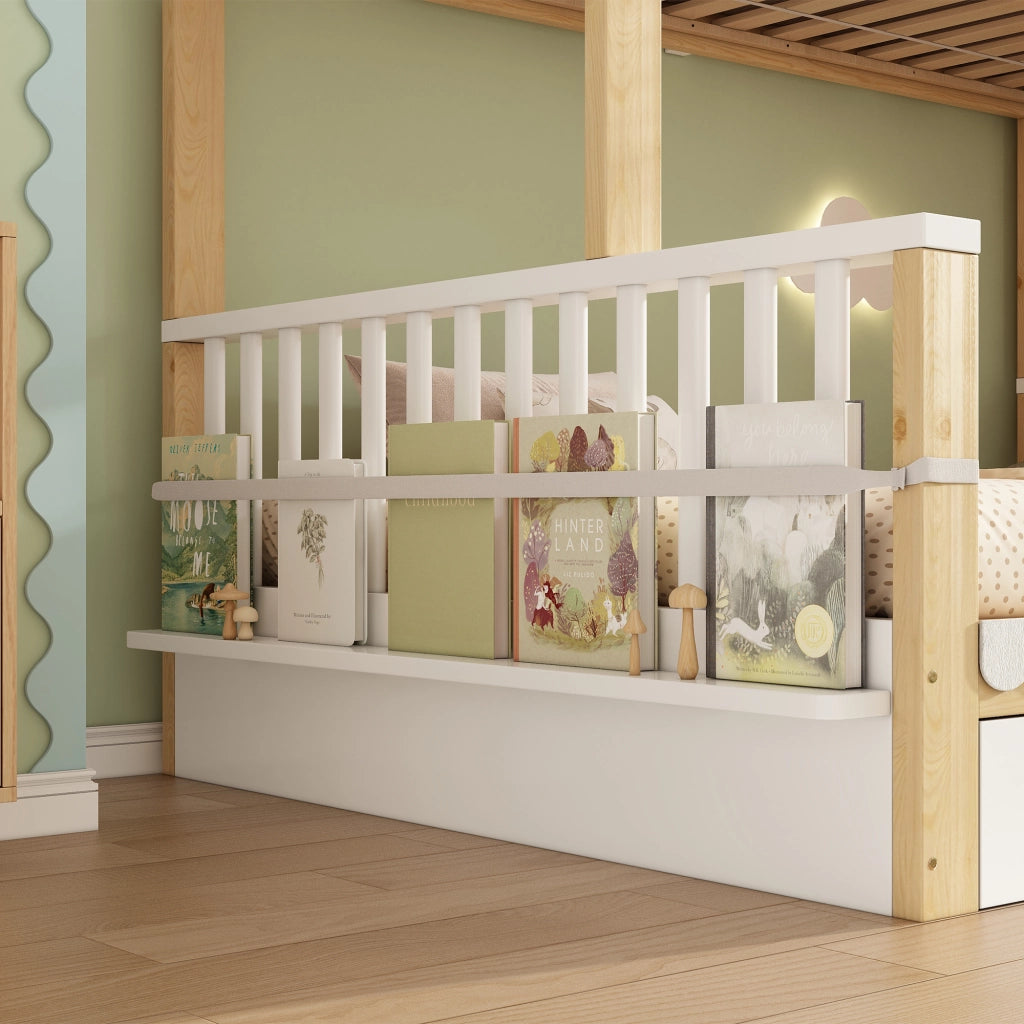 Letto a castello in legno 90x200/140x200 cm con parapetto nuvola; 2 cassetti; portariviste e certificazione EN 747:2024; bianco/rovere