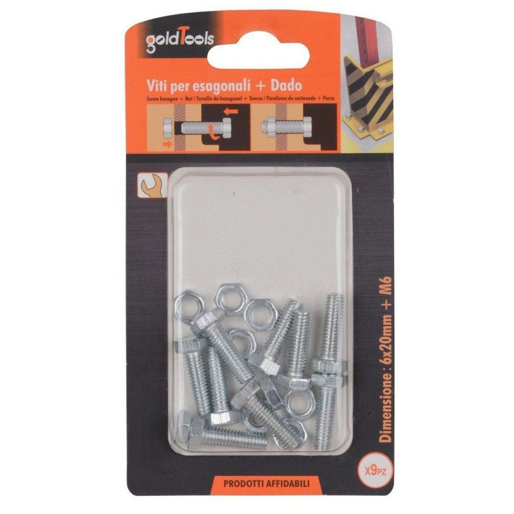 Trade Shop - Set 9 Pz Vite Viti Per Esterno A Testa Esagonali 6 X 20mm Con Dadi Dado M6 90915 -