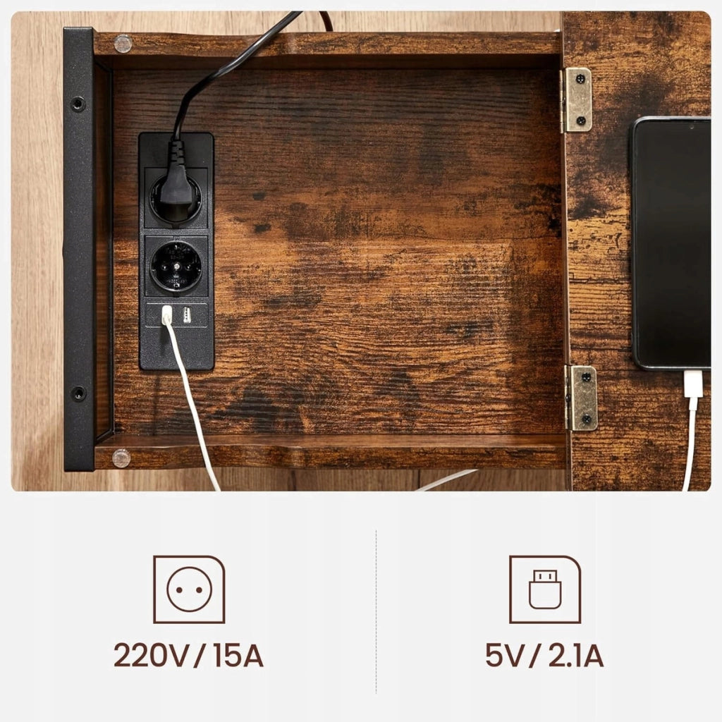 Tavolino bicolore industrial con vano portaoggetti e prese USB