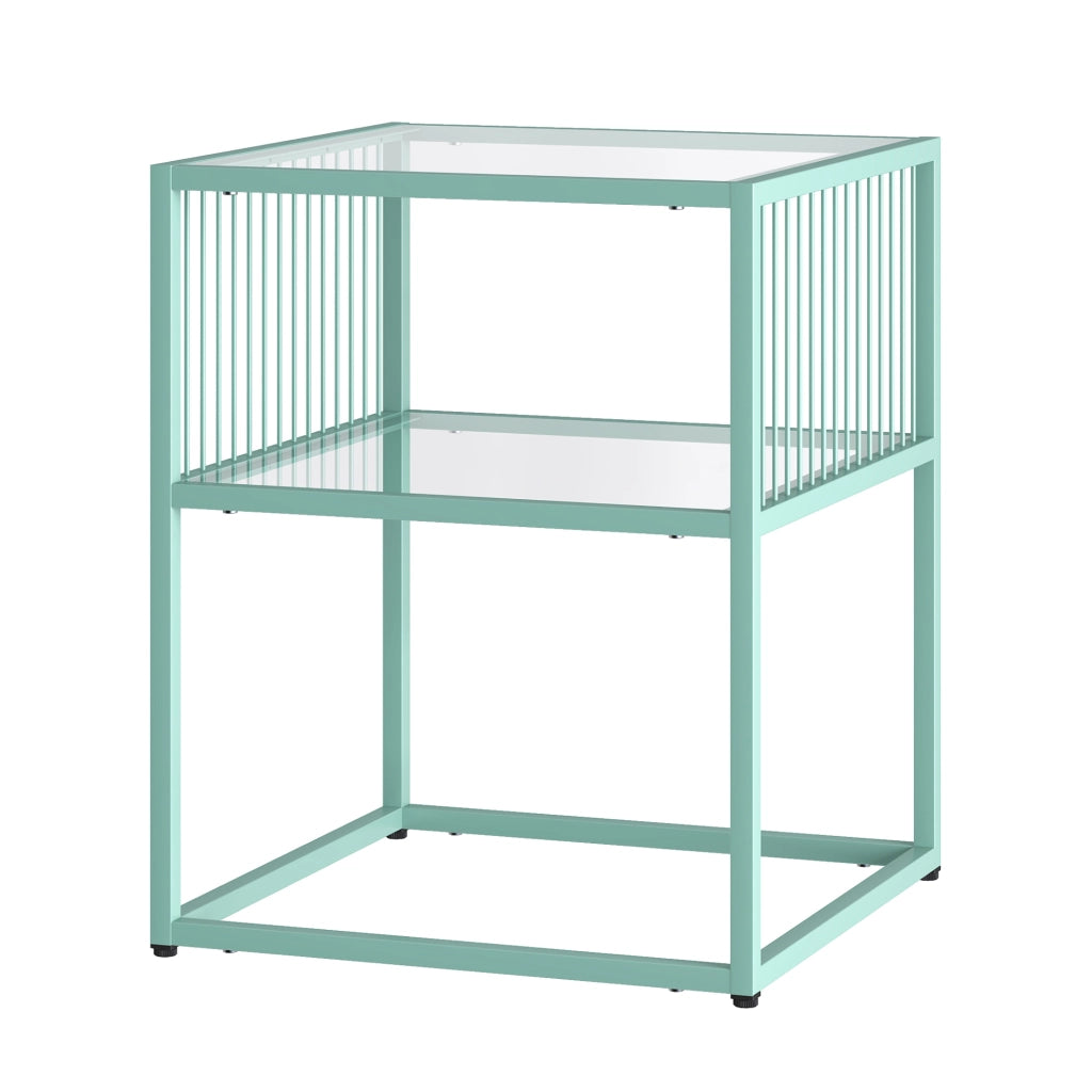 Tavolino Laterale Tronevn con Piano e Ripiano in Vetro Temperato 50 x 40 x 40 cm - Menta Verde [en.casa]