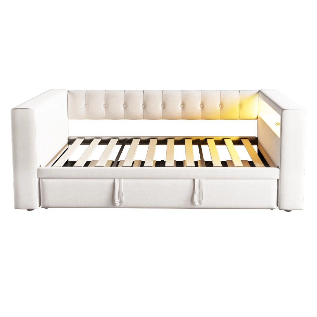 Letto a Divanetto 90/180x190 cm; con LED; prese e vani contenitore; Beige