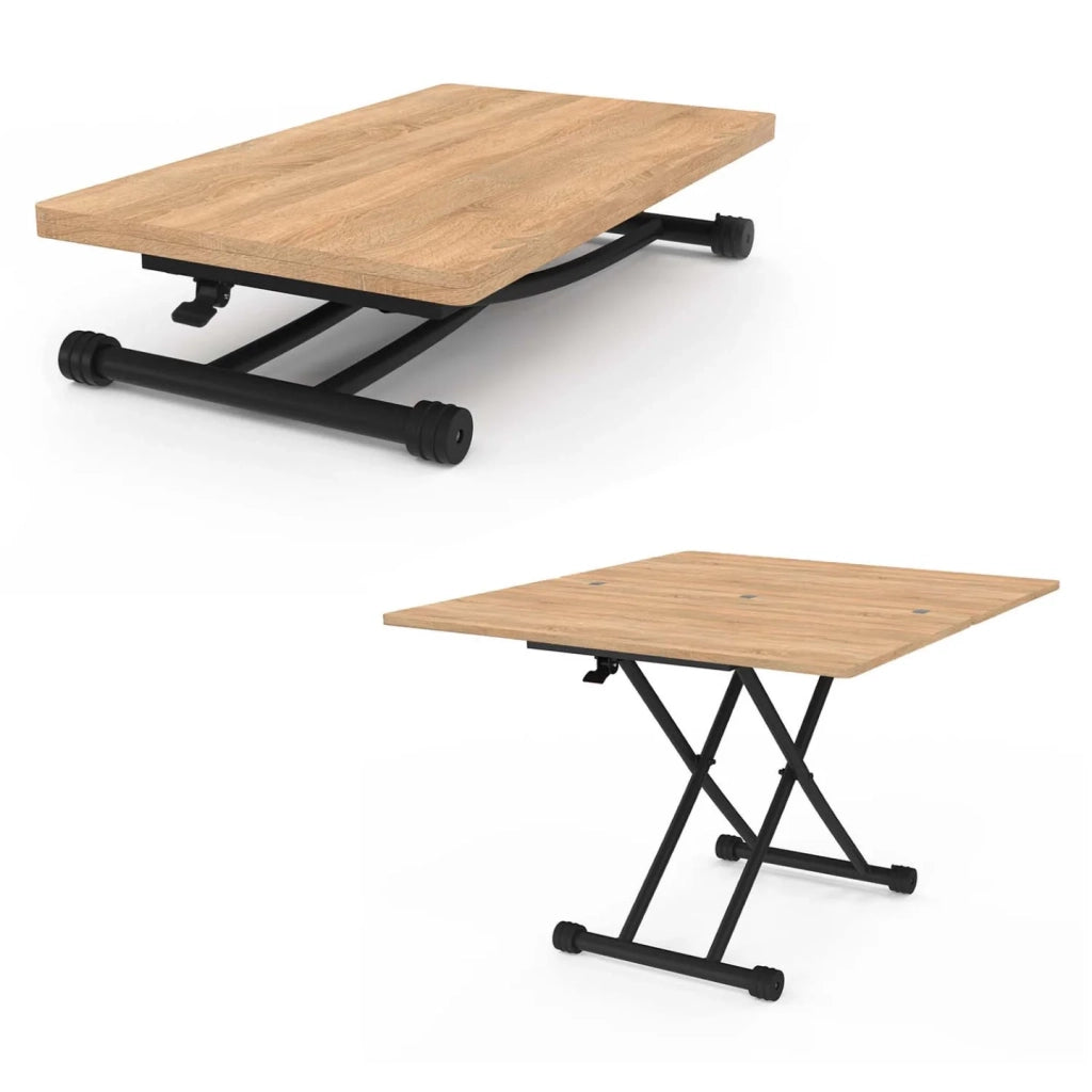 IDMarket - Tavolino 2 in 1 URBANA, trasformabile in tavolo da pranzo rettangolare, 100 cm, legno e nero, design industriale