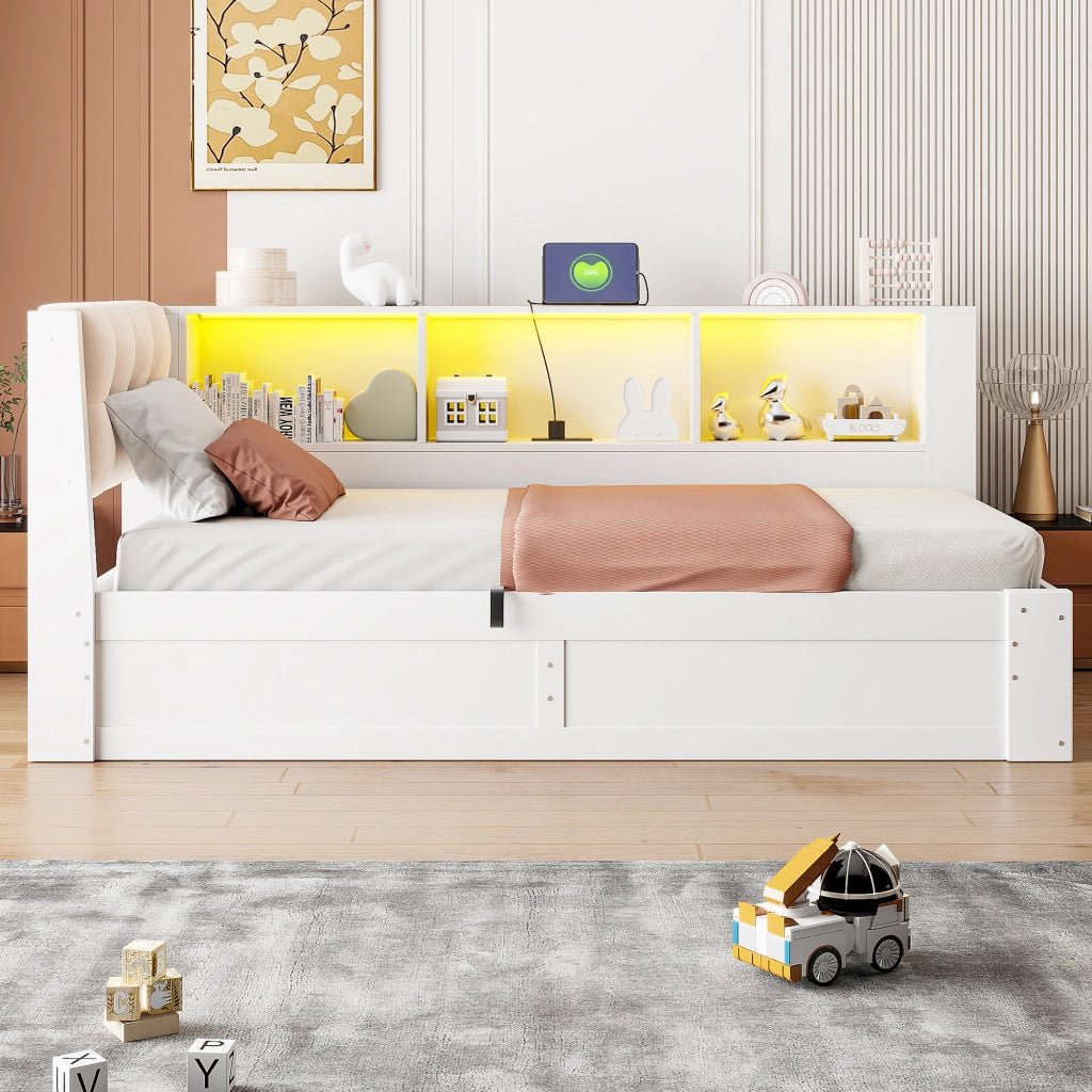 Letto divanetto singolo con contenitore; scaffale; USB e LED regolabile 90 × 200 cm; senza materasso