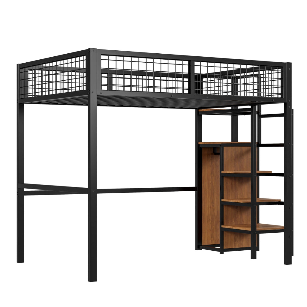 Letto a soppalco 140x200 cm con armadio e scala in MDF e metallo; nero