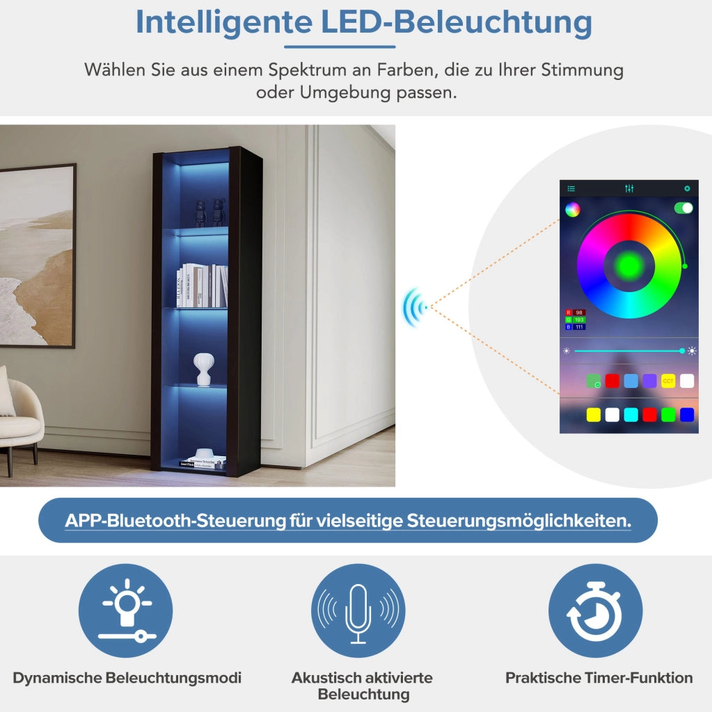 Vetrina nera lucida con LED e 3 ripiani in vetro