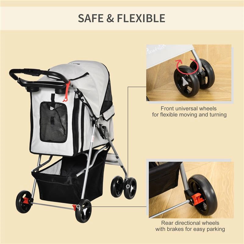 PASSEGGINO PER CANI PIEGHEVOLE CON 3 RETI E CERNIERA, IN FERRO E TESSUTO OXFORD, 75X46X94 CM, GRIGIO