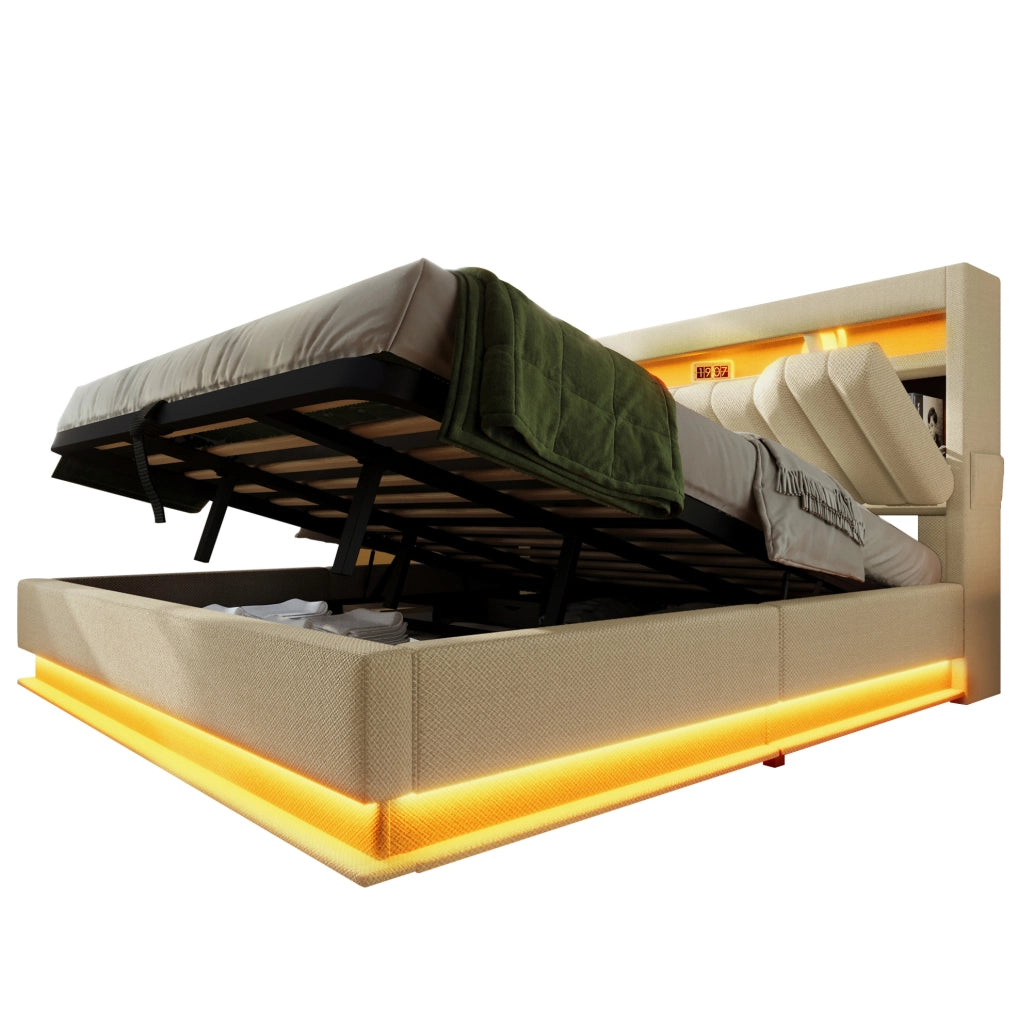 Letto matrimoniale 180x200 cm in lino beige con LED; testiera con USB e vano contenitore