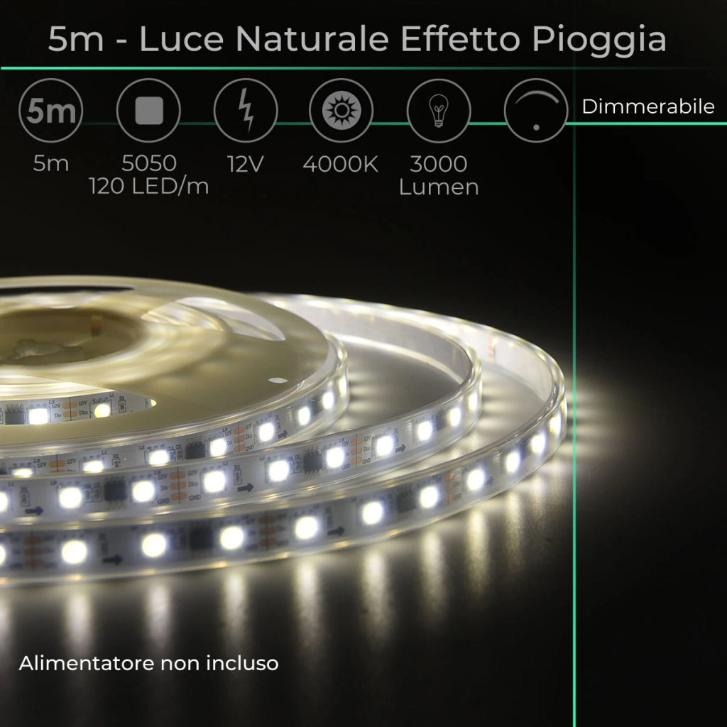 STRISCIA LED IP65 120 LED/M CON LUCE NATURALE 4000K ED EFFETTO PIOGGIA - FLESSIBILE E PROLUNGABILE ALTA LUMINOSITA'