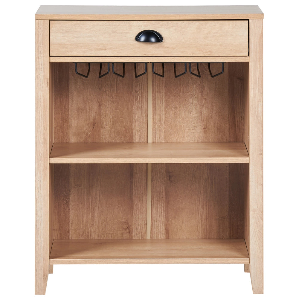 Credenza con cassetto 2 ripiani e porta bicchieri in vetro legno chiaro stile moderno soggiorno