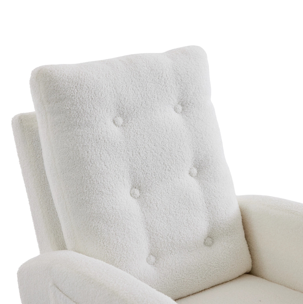Sedia a dondolo in bouclé con USB e USB-C; poggiapiedi estraibile; bianca 66;5x121;5x102 cm