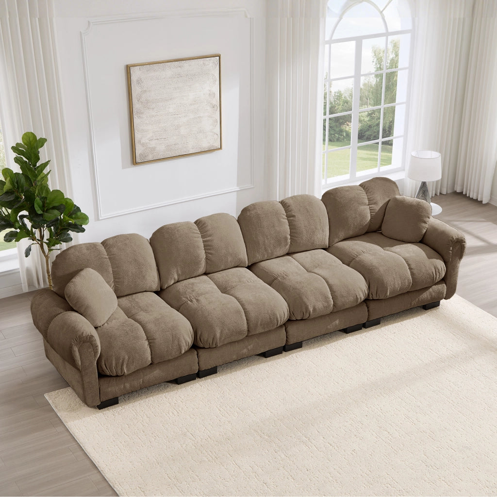 Divano modulare 3 posti con cuscini trapuntati e braccioli curvi, in ciniglia marrone 330 × 86 × 90 cm