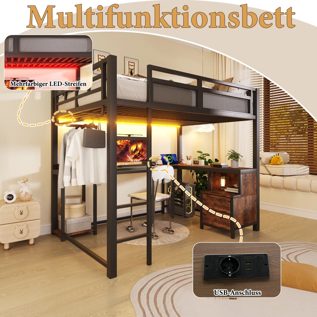 DESMIU Letto a soppalco 140 × 200 cm 2 posti con scrivania, ripiani, USB, LED senza materasso, nero