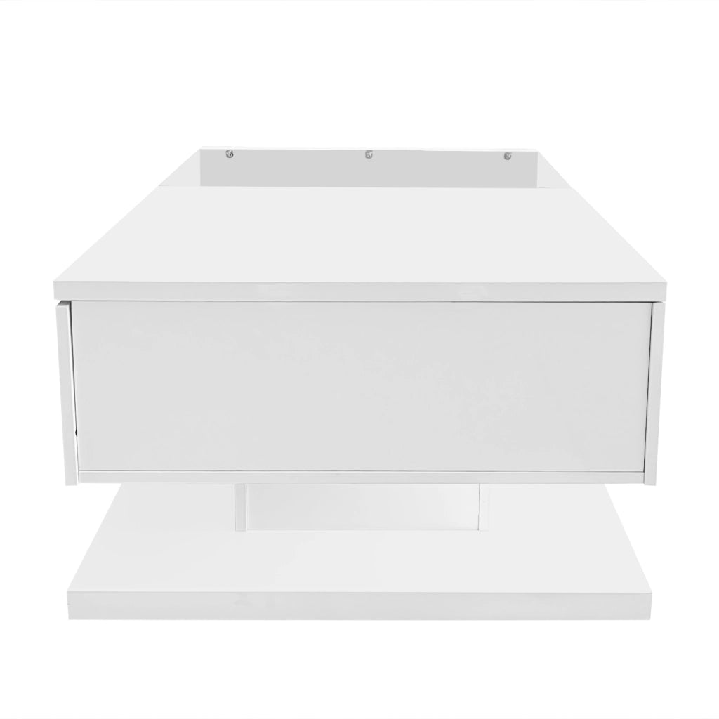 Tavolino da salotto 105x55x32.5 cm; piano in vetro temperato con LED regolabili; pannello truciolare bianco