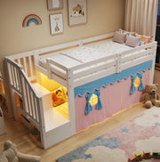 Letto a soppalco basso 90x200 cm in pino e MDF; bianco; con tende oscuranti e LED