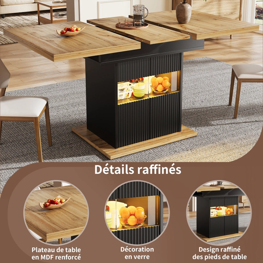 Tavolo da pranzo allungabile con vano contenitore chiuso; ripiano regolabile e illuminazione LED; per cucina e sala da pranzo; 110 × 80 × 76 cm