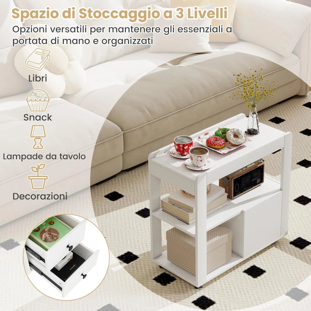 Tavolino da Salotto, Tavolino Moderno Laterale a 2 Cassetti con Ripiani Aperti e Ruote Universali Bloccabili, Tavolo Stretto per Soggiorno, Camera da Letto e Ufficio (Bianco)