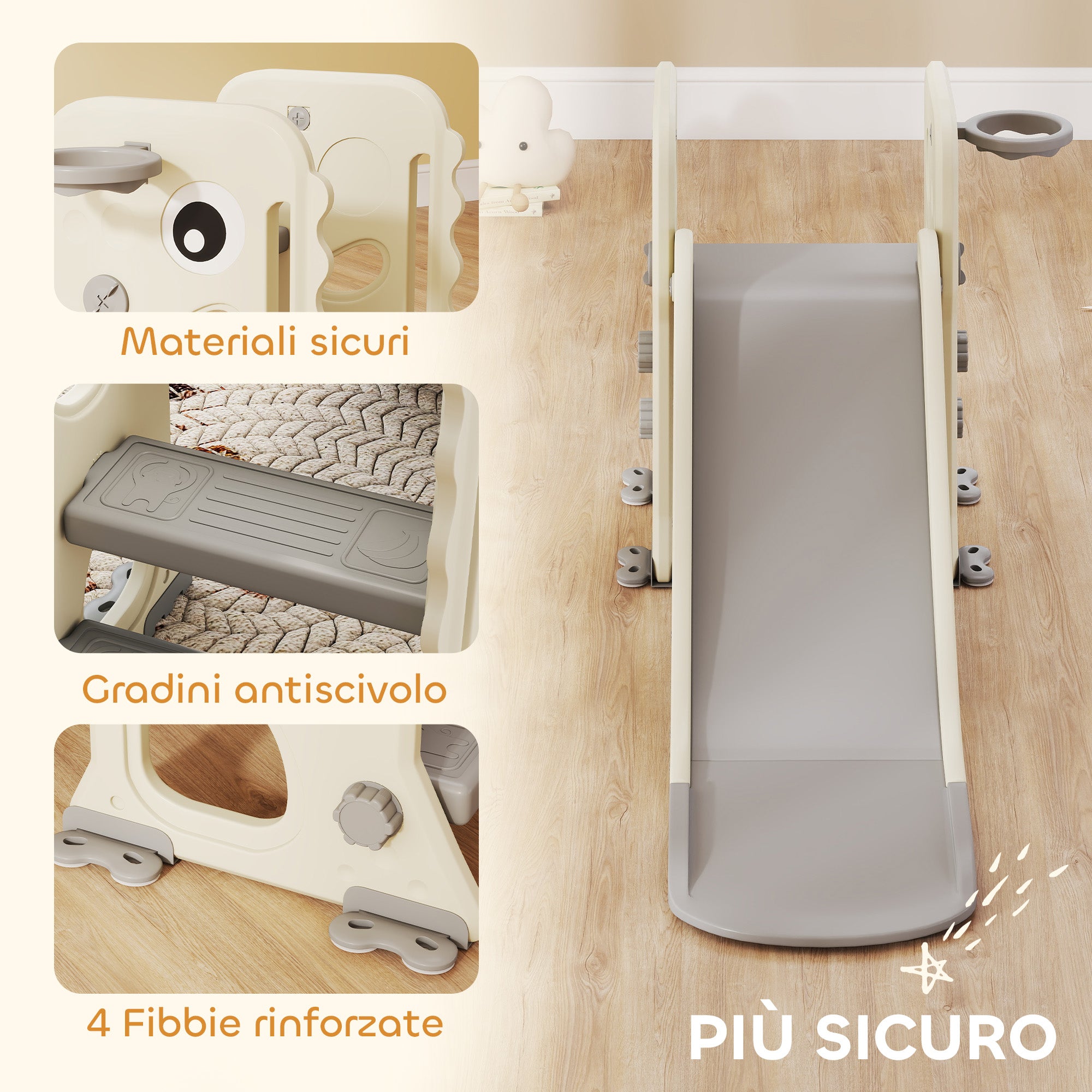 Scivolo per Bambini Pieghevole 146x52x65 cm con Canestro e Palla in PP e HDPE Grigio e Crema