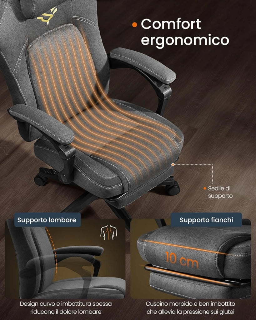 Sedia da Gaming Ergonomica per Computer Con Poggiapiedi e Poggiatesta, Cotone-Lino, Altezza Regolabile, Grigio Tortora OBG072G01