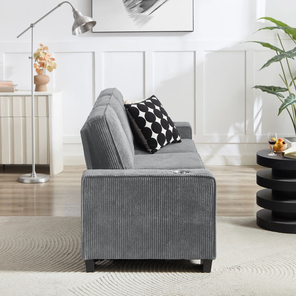 Divano a 3 posti in velluto a coste con portabicchieri e comfort ergonomico per soggiorno grigio 206 cm