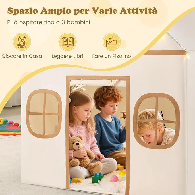 Tenda da Gioco per Bambini, con Tenda Porta e Finestre, Luci a Stella, Tappetino Antiscivolo, Casetta per Bambini e Bambine 3-10 Anni, 120 x 101 x 143 cm (Marrone)